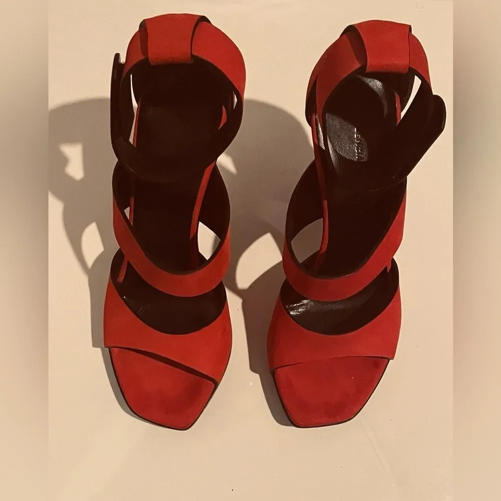 2 Item Bundle - Balenciaga Heels - Sz 7 - Red Suede Open Toe - Gucci Sunglasses